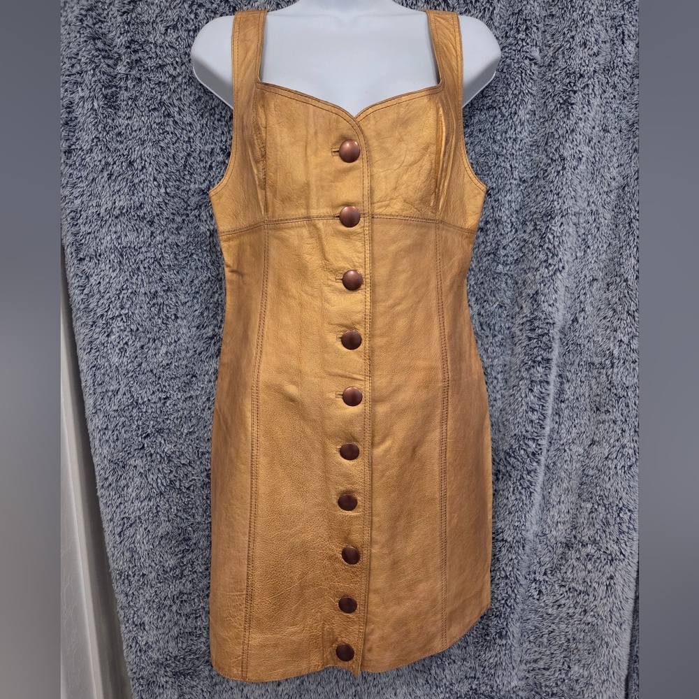 NWT Free People GOLD Genuine Leather Sweetheart Neckline Button Mini Dress - Picture 3 of 8